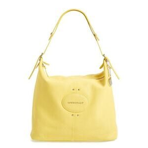Authentic Longchamp Quadri Hobo Yellow Leather Shoulder Bag Handbag Tote Satchel